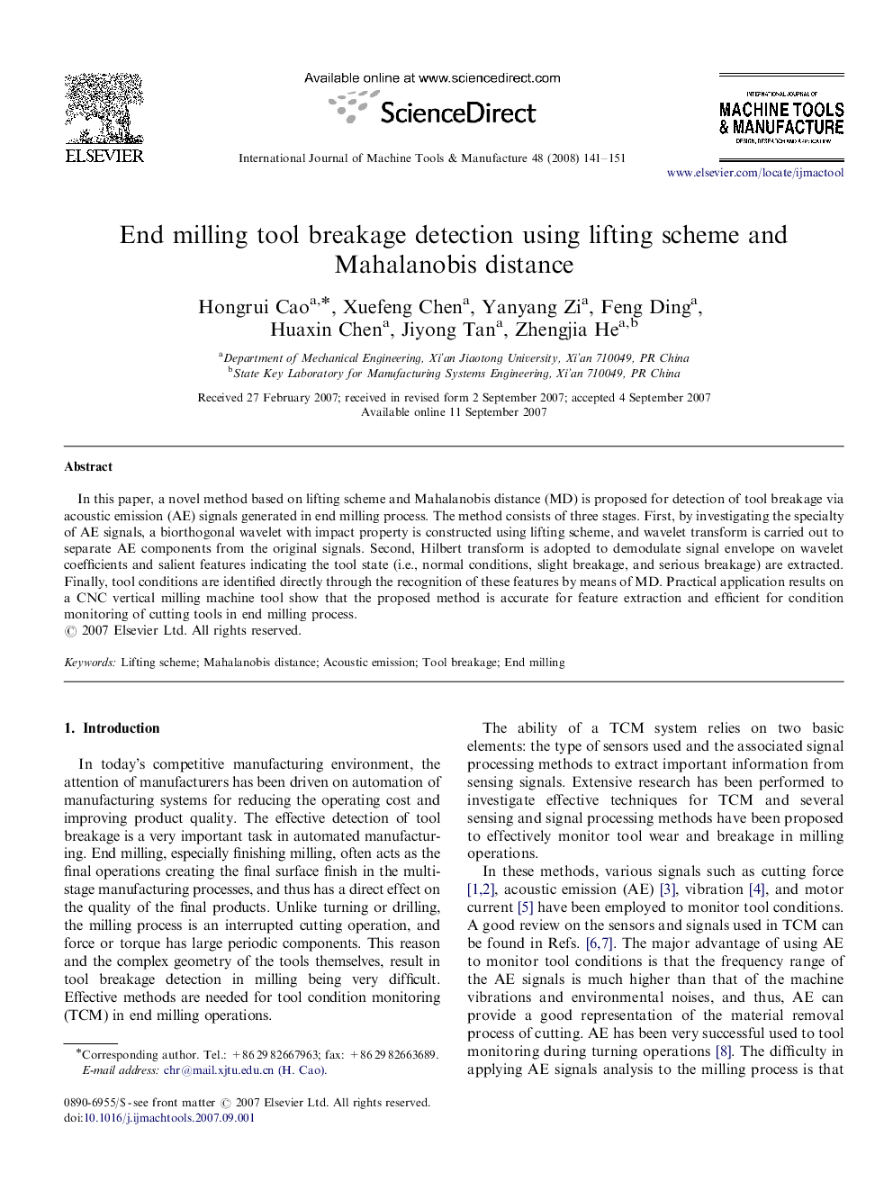 End milling tool breakage detection using lifting scheme and Mahalanobis distance