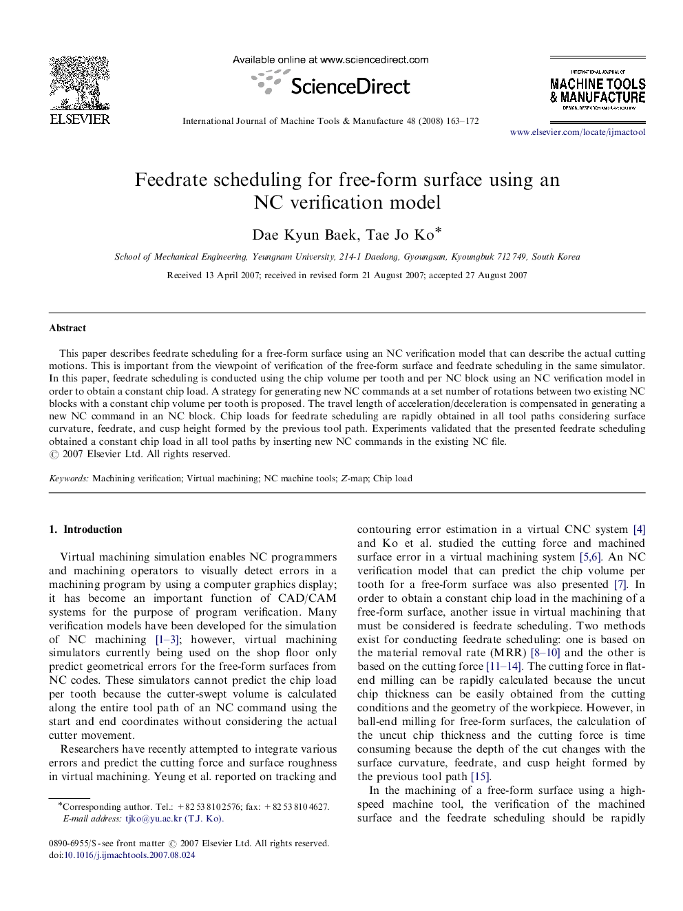 Feedrate scheduling for free-form surface using an NC verification model