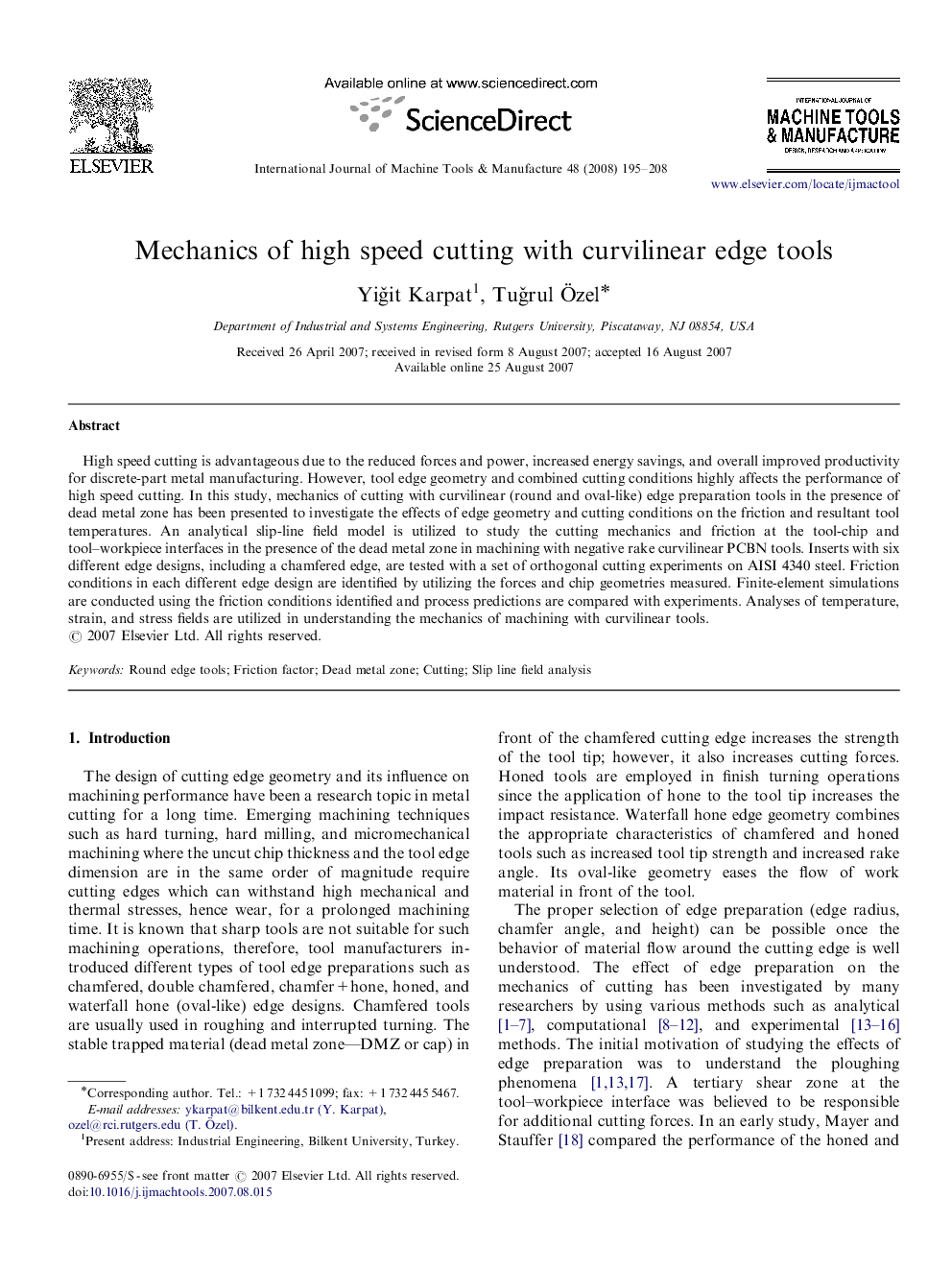 Mechanics of high speed cutting with curvilinear edge tools