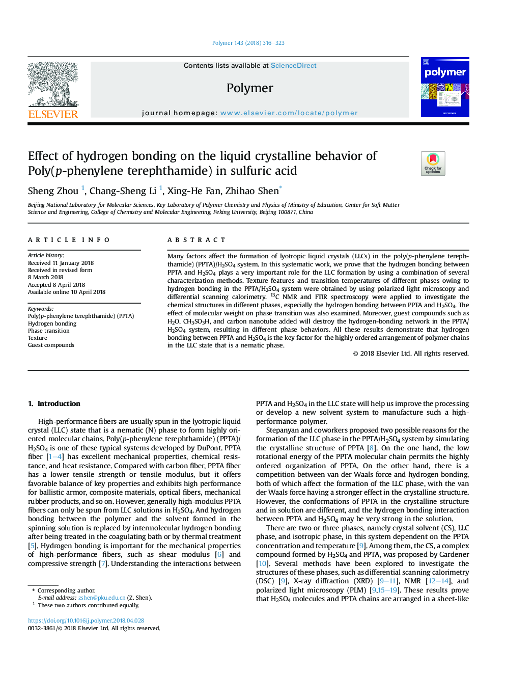 Effect of hydrogen bonding on the liquid crystalline behavior of Poly(p-phenylene terephthamide) in sulfuric acid