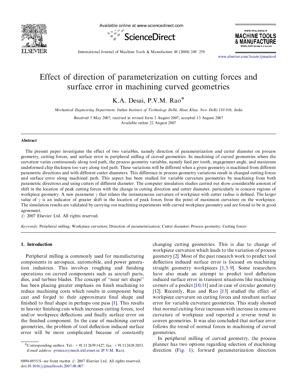 Effect of direction of parameterization on cutting forces and surface error in machining curved geometries