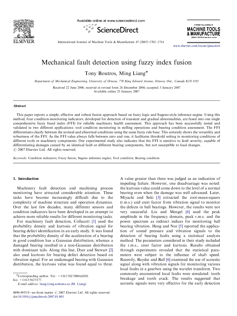 Mechanical fault detection using fuzzy index fusion