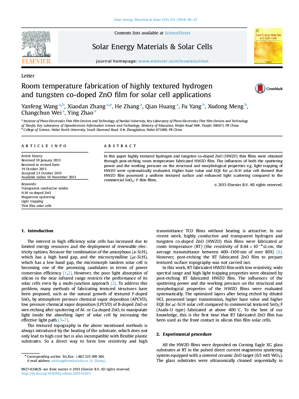 Room temperature fabrication of highly textured hydrogen and tungsten co-doped ZnO film for solar cell applications