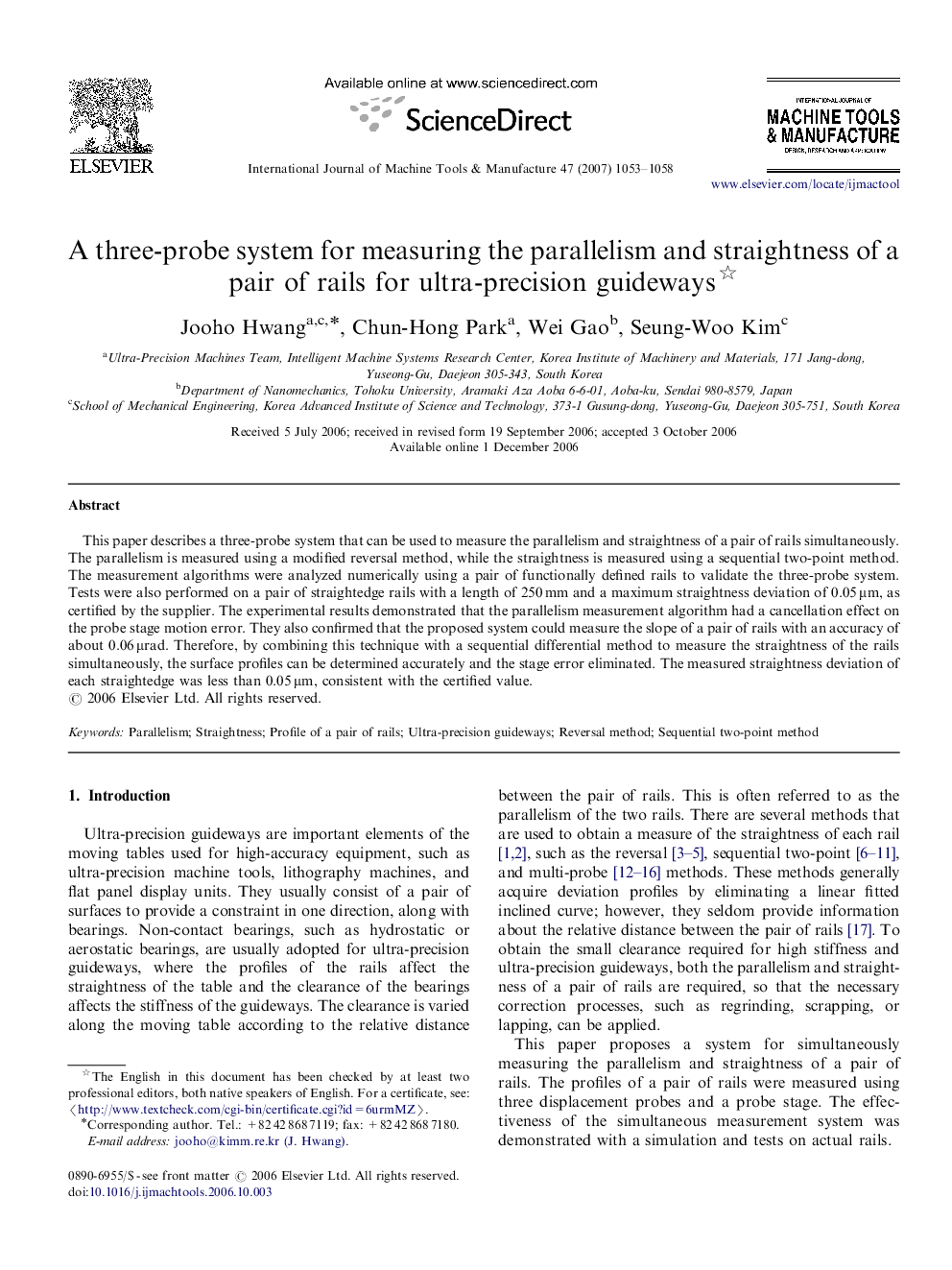 A three-probe system for measuring the parallelism and straightness of a pair of rails for ultra-precision guideways 