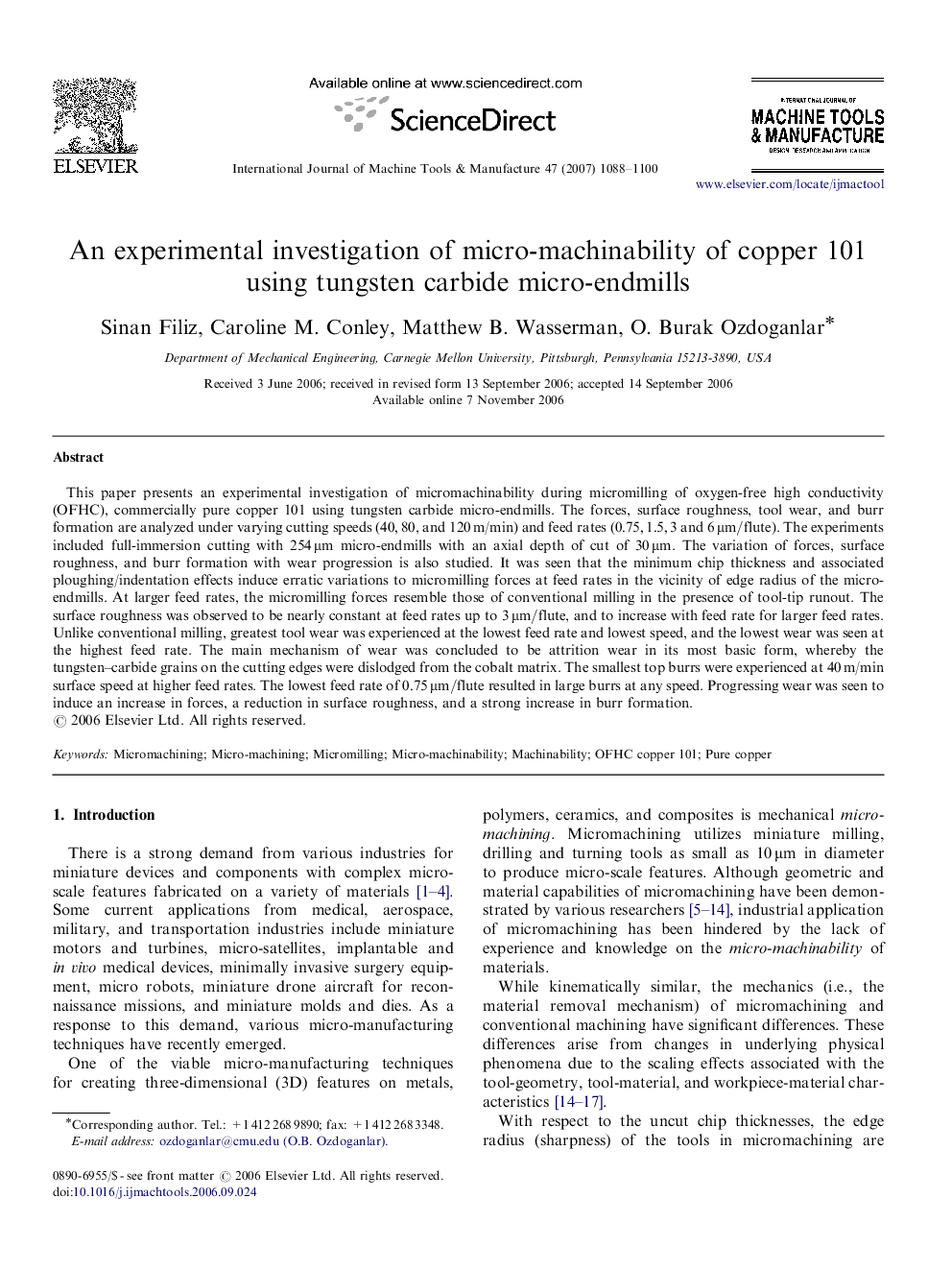 An experimental investigation of micro-machinability of copper 101 using tungsten carbide micro-endmills