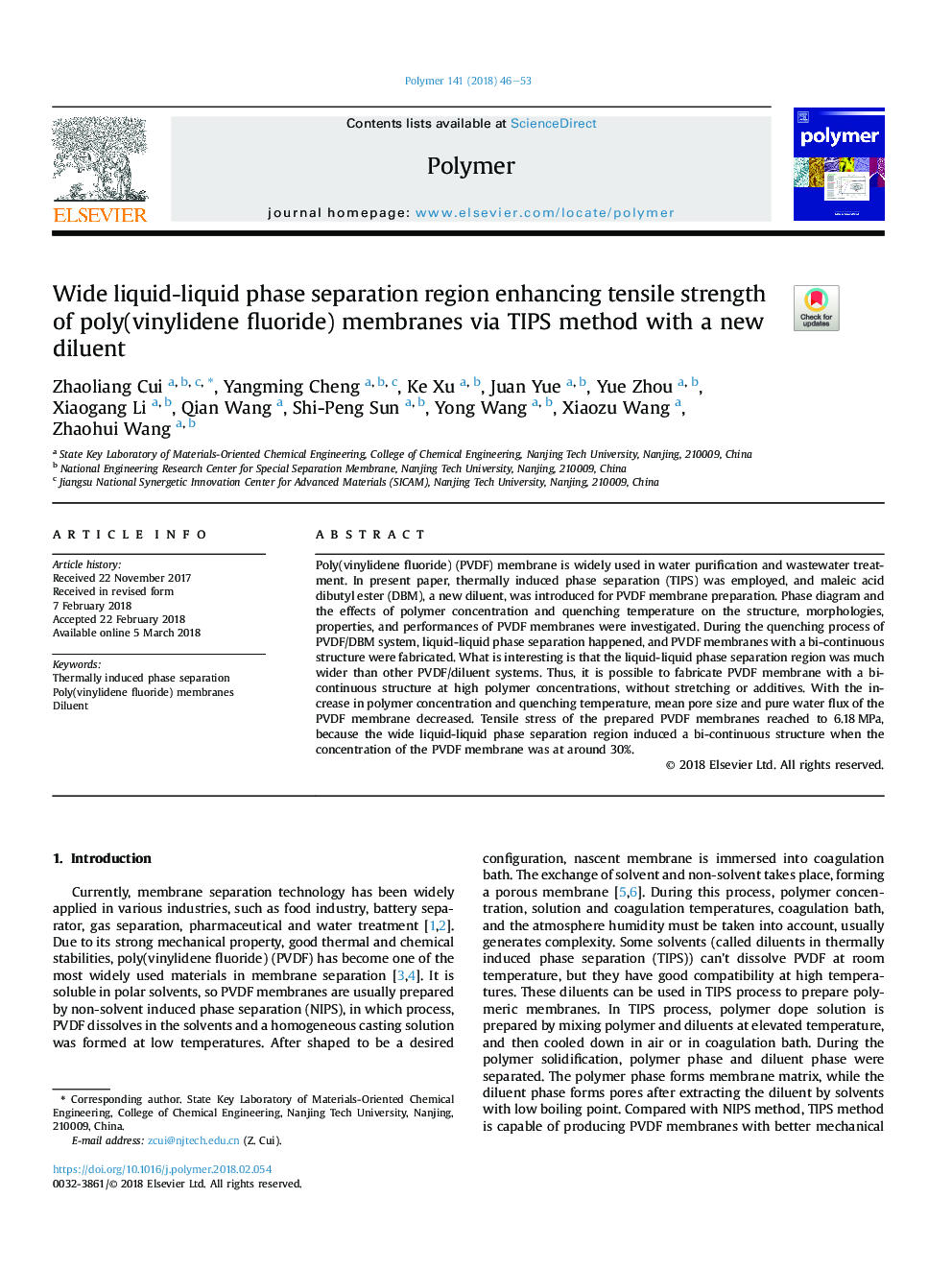 Wide liquid-liquid phase separation region enhancing tensile strength of poly(vinylidene fluoride) membranes via TIPS method with a new diluent