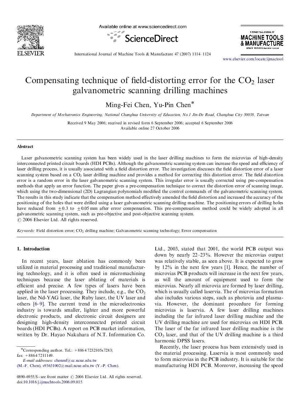 Compensating technique of field-distorting error for the CO2 laser galvanometric scanning drilling machines