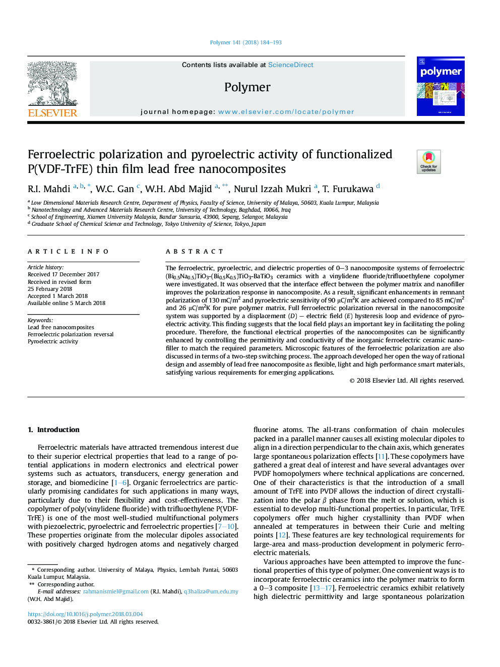 Ferroelectric polarization and pyroelectric activity of functionalized P(VDF-TrFE) thin film lead free nanocomposites