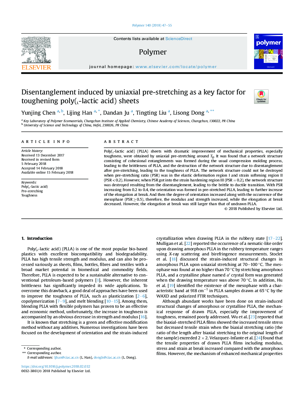 Disentanglement induced by uniaxial pre-stretching as a key factor for toughening poly(l-lactic acid) sheets