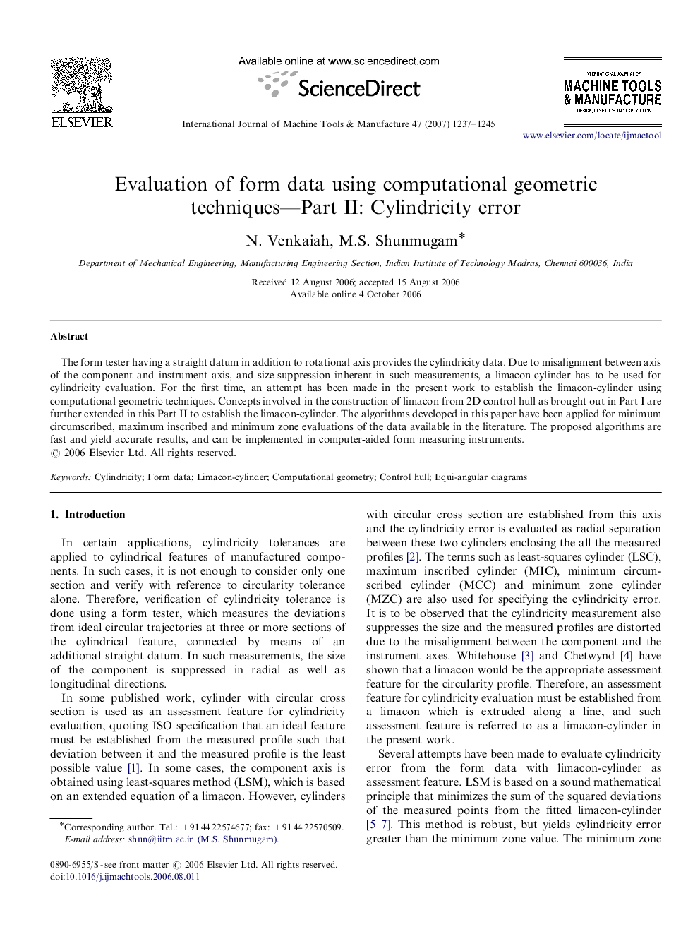 Evaluation of form data using computational geometric techniques—Part II: Cylindricity error