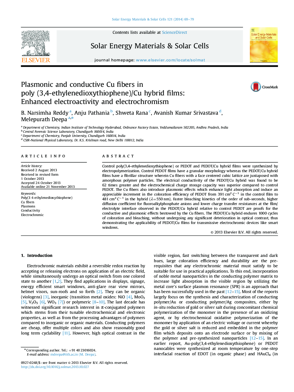 Plasmonic and conductive Cu fibers in poly (3,4-ethylenedioxythiophene)/Cu hybrid films: Enhanced electroactivity and electrochromism