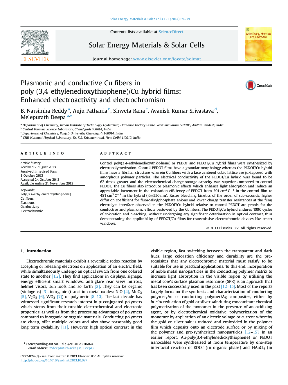 عکس صفحه اول مقاله: Plasmonic and conductive Cu fibers in poly (3,4-ethylenedioxythiophene)/Cu hybrid films: Enhanced electroactivity and electrochromism Plasmonic and conductive Cu fibers in poly (3,4-ethylenedioxythiophene)/Cu hybrid films: Enhanced electroactivity and electrochromism