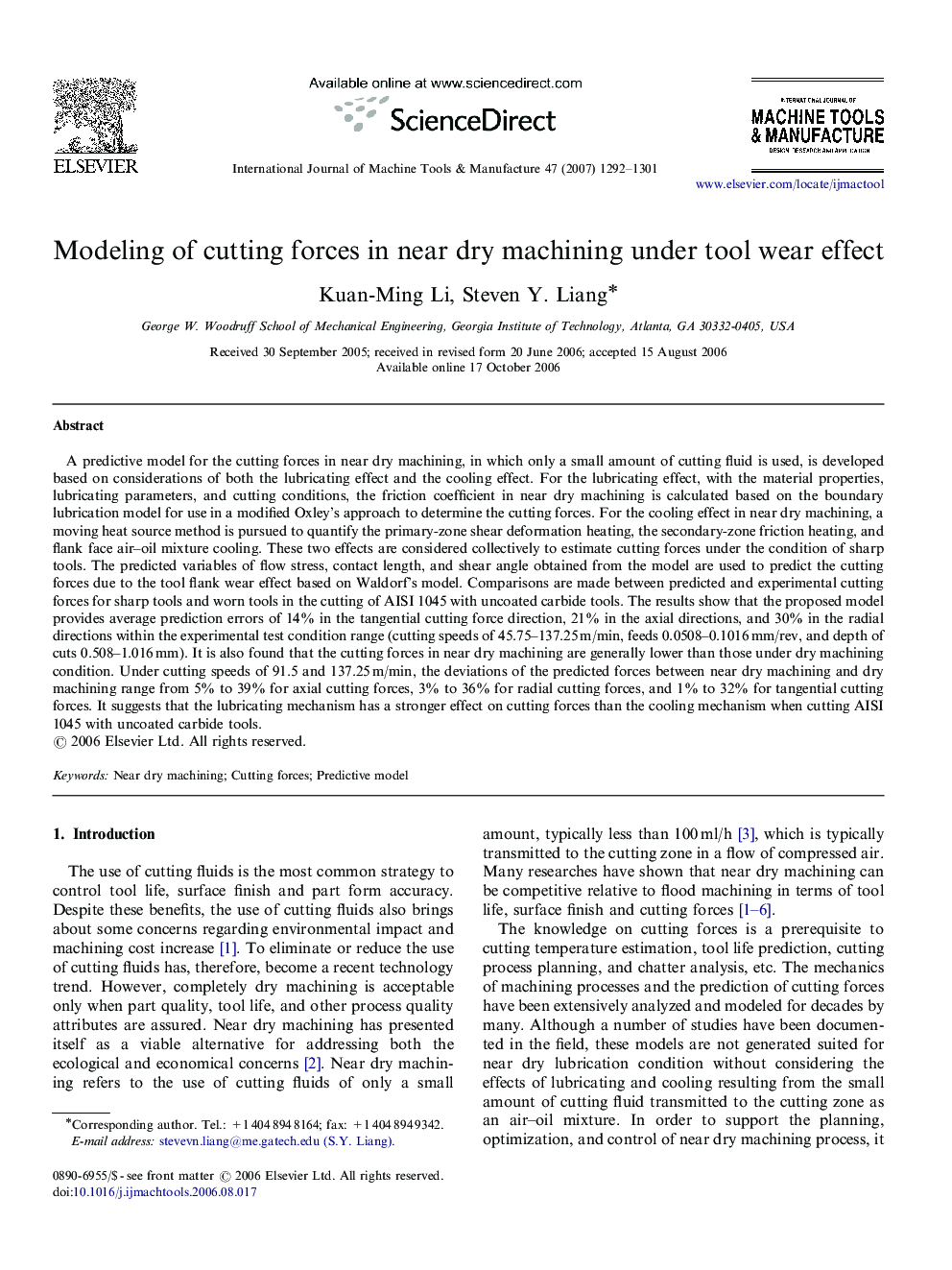 Modeling of cutting forces in near dry machining under tool wear effect