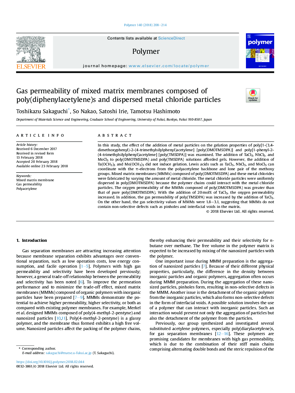 Gas permeability of mixed matrix membranes composed of poly(diphenylacetylene)s and dispersed metal chloride particles