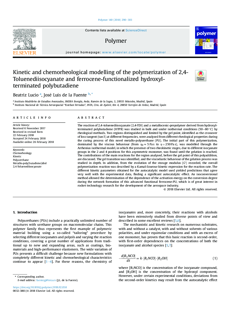 Kinetic and chemorheological modelling of the polymerization of 2,4- Toluenediisocyanate and ferrocene-functionalized hydroxyl-terminated polybutadiene