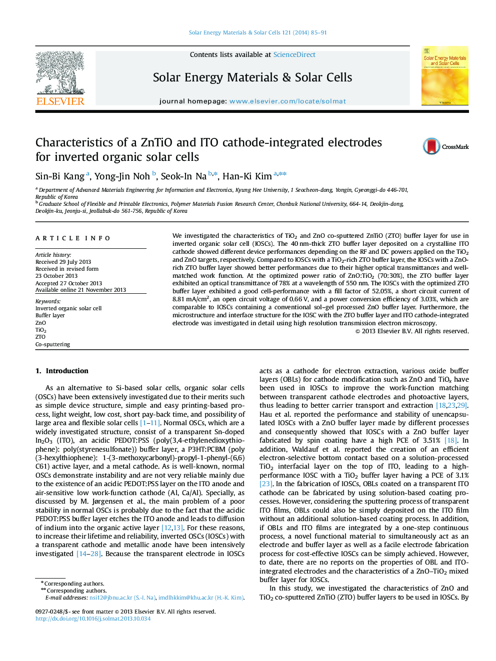 Characteristics of a ZnTiO and ITO cathode-integrated electrodes for inverted organic solar cells