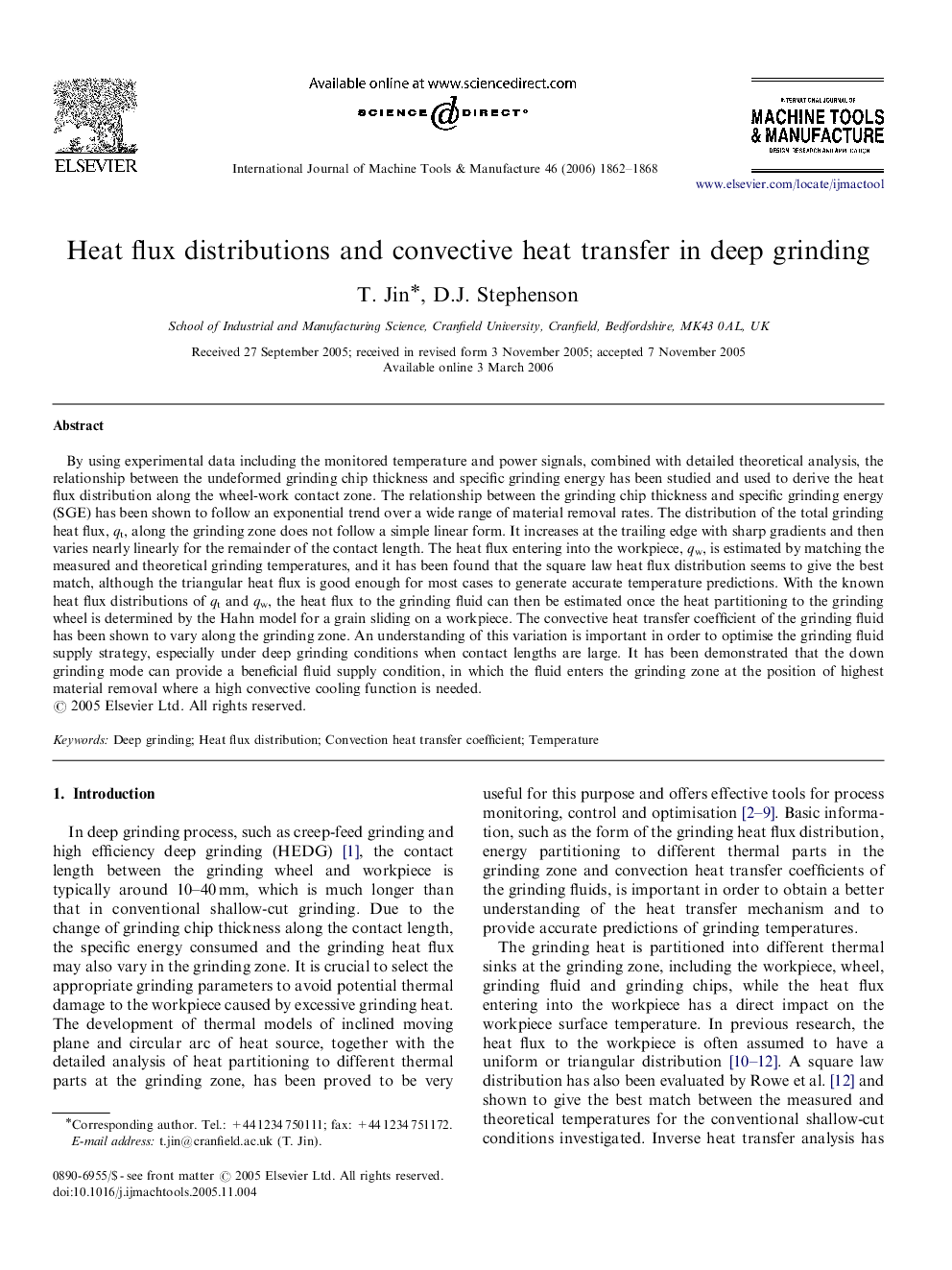 Heat flux distributions and convective heat transfer in deep grinding