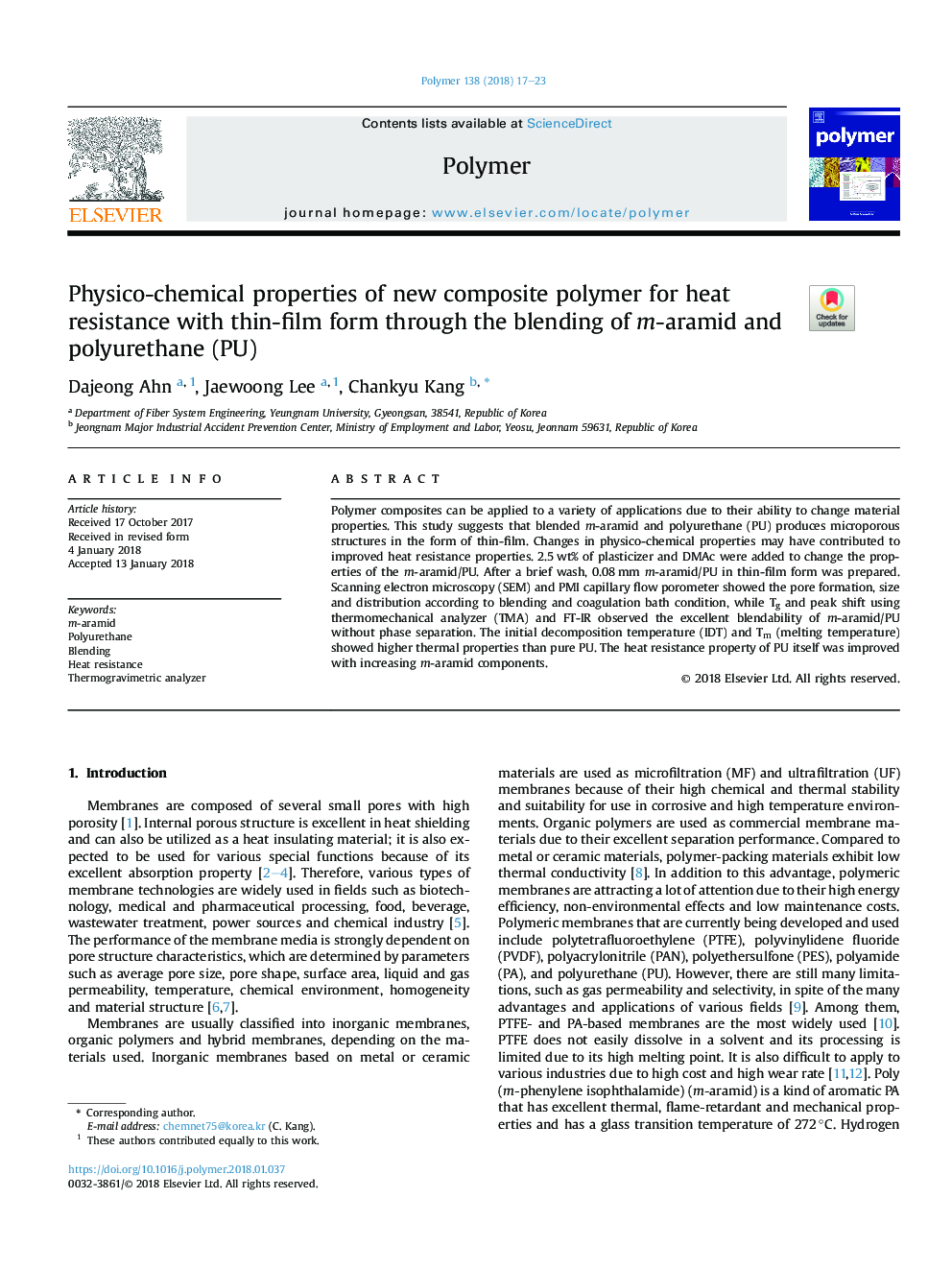 Physico-chemical properties of new composite polymer for heat resistance with thin-film form through the blending of m-aramid and polyurethane (PU)