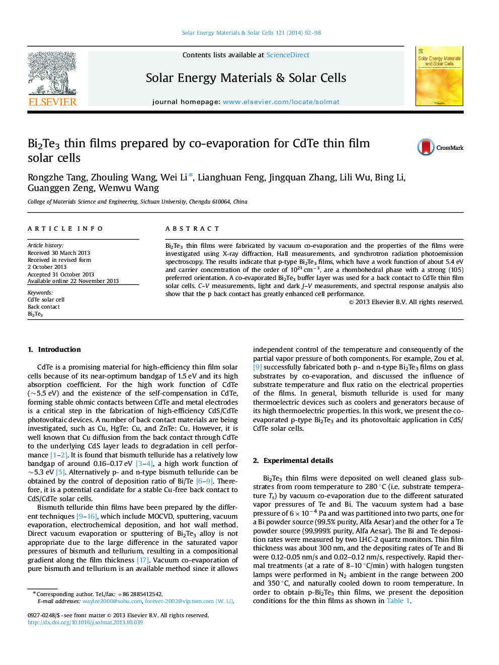 Bi2Te3 thin films prepared by co-evaporation for CdTe thin film solar cells
