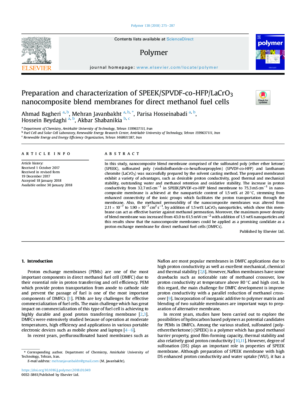 Preparation and characterization of SPEEK/SPVDF-co-HFP/LaCrO3 nanocomposite blend membranes for direct methanol fuel cells