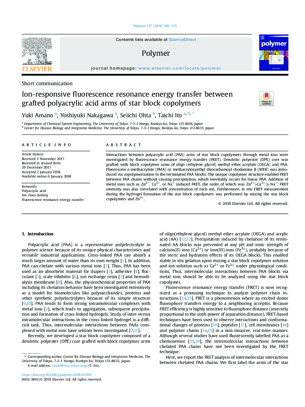 Ion-responsive fluorescence resonance energy transfer between grafted polyacrylic acid arms of star block copolymers