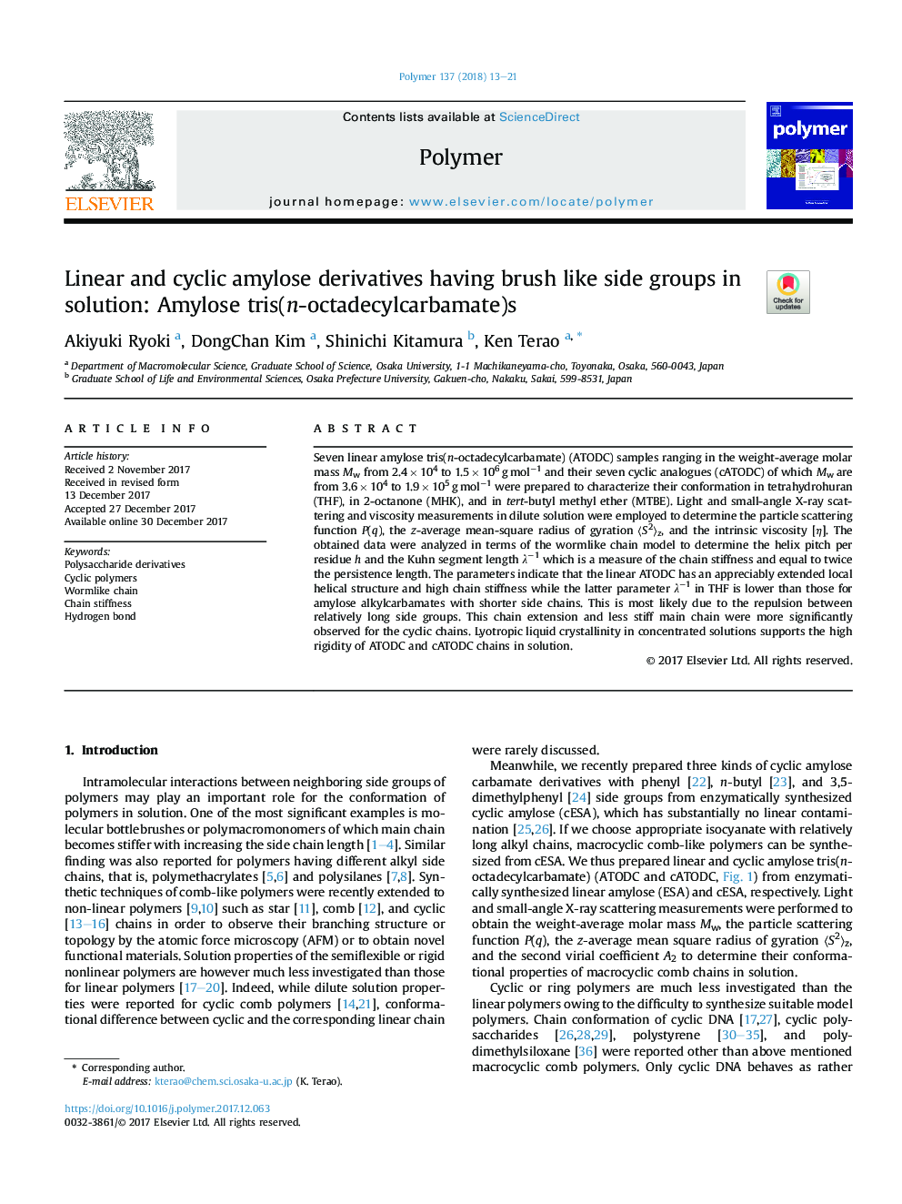 Linear and cyclic amylose derivatives having brush like side groups in solution: Amylose tris(n-octadecylcarbamate)s