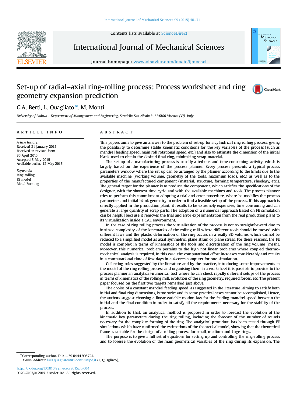 Set-up of radial–axial ring-rolling process: Process worksheet and ring geometry expansion prediction