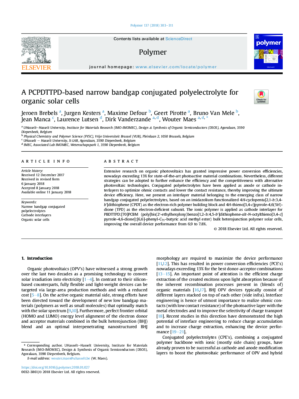 A PCPDTTPD-based narrow bandgap conjugated polyelectrolyte for organic solar cells