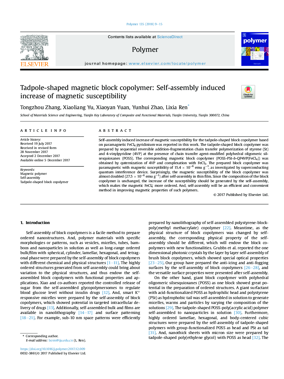 Tadpole-shaped magnetic block copolymer: Self-assembly induced increase of magnetic susceptibility