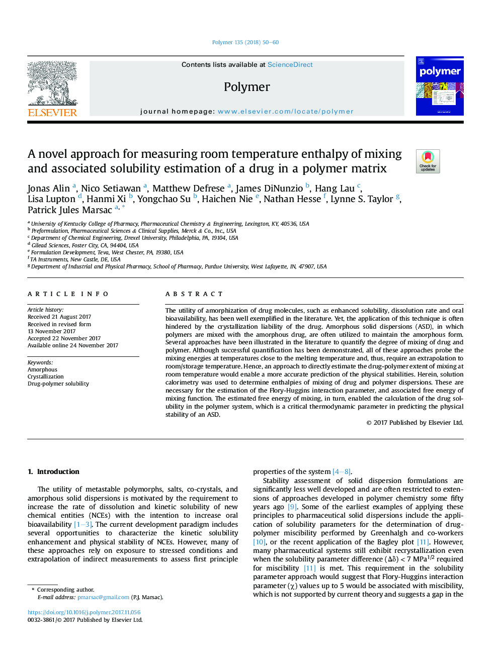 A novel approach for measuring room temperature enthalpy of mixing and associated solubility estimation of a drug in a polymer matrix