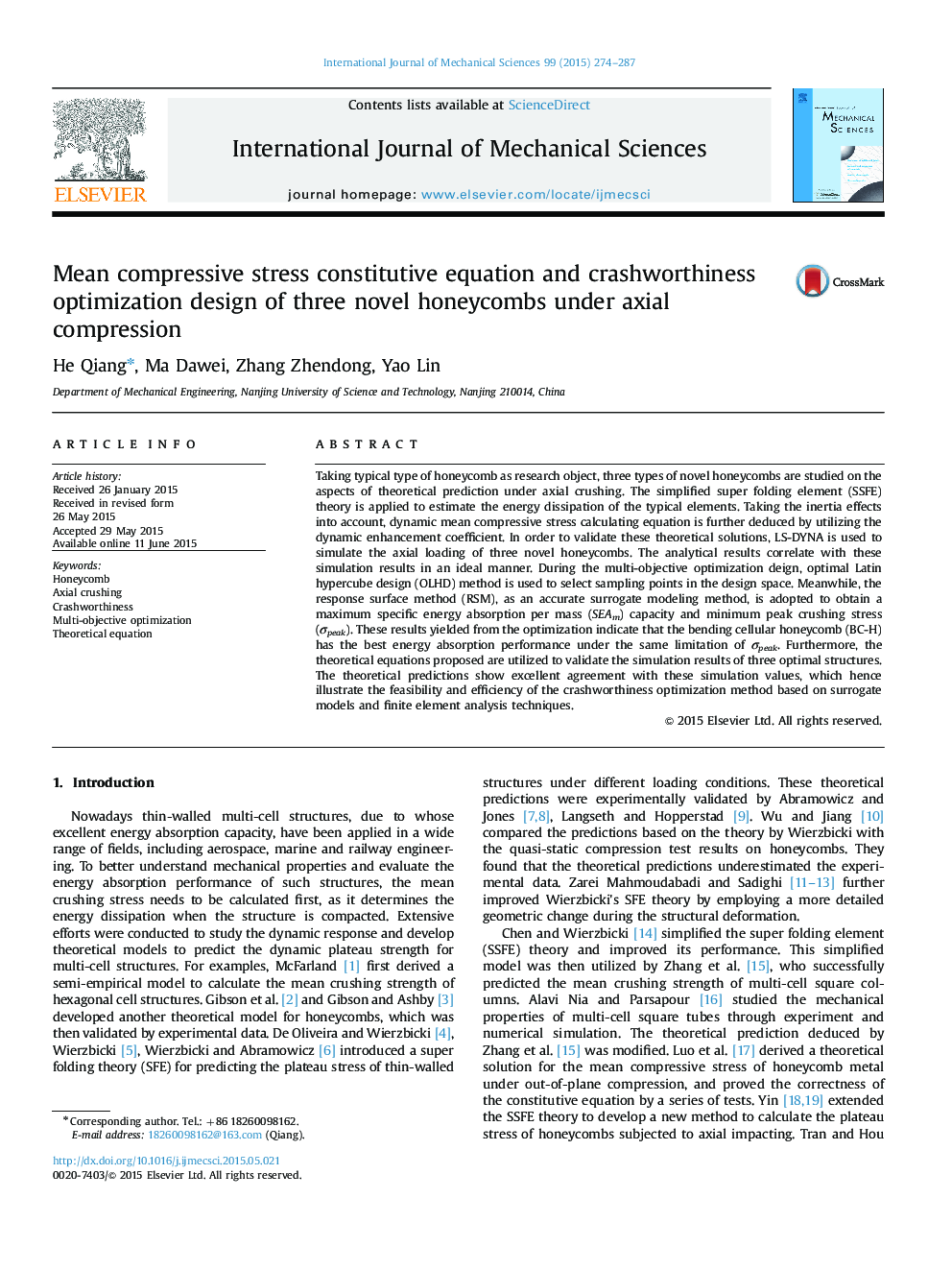 Mean compressive stress constitutive equation and crashworthiness optimization design of three novel honeycombs under axial compression