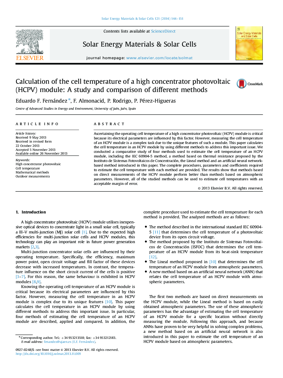 Calculation of the cell temperature of a high concentrator photovoltaic (HCPV) module: A study and comparison of different methods