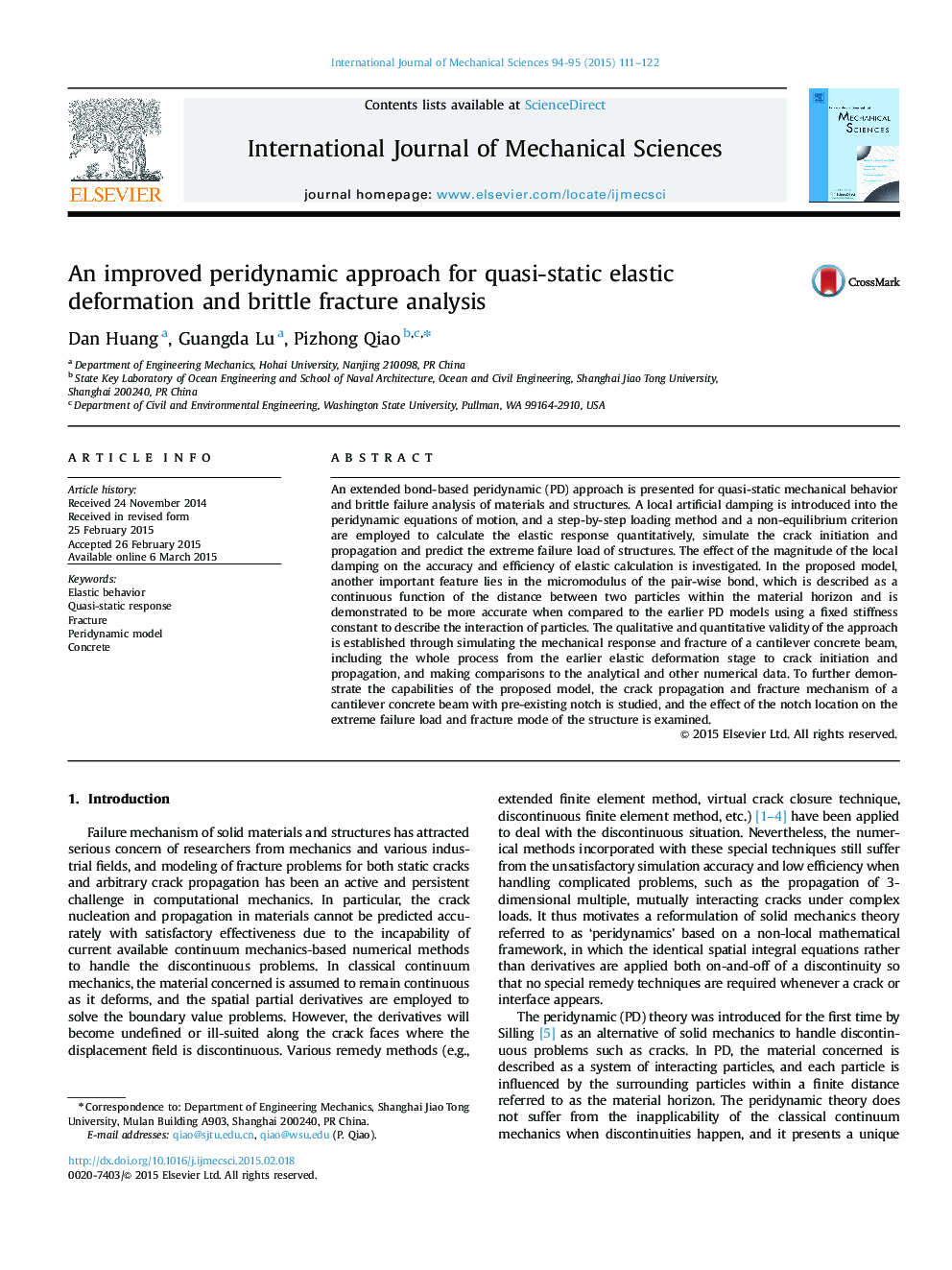 An improved peridynamic approach for quasi-static elastic deformation and brittle fracture analysis