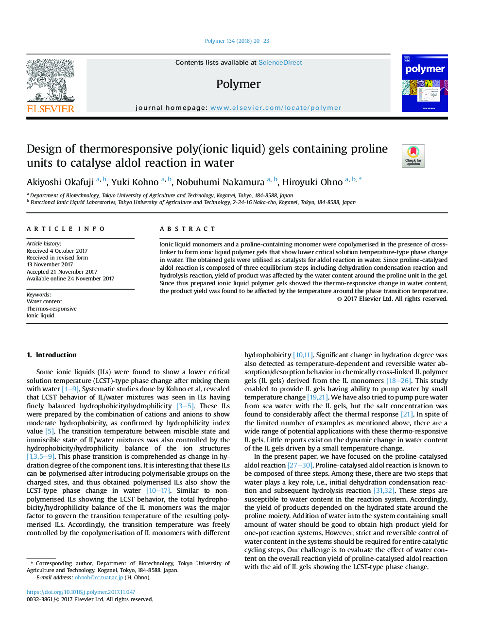 Design of thermoresponsive poly(ionic liquid) gels containing proline units to catalyse aldol reaction in water