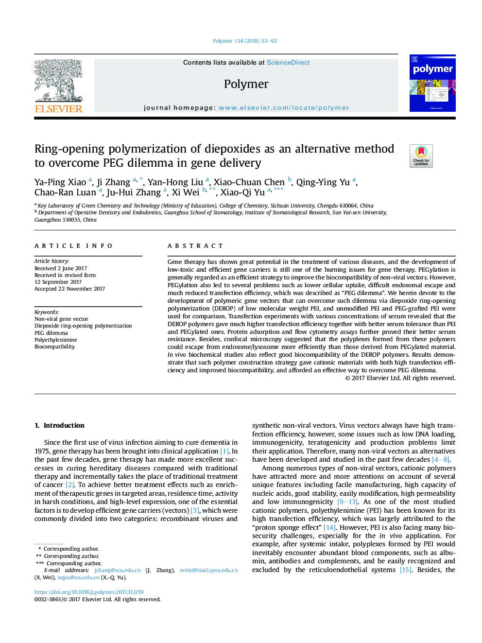 Ring-opening polymerization of diepoxides as an alternative method to overcome PEG dilemma in gene delivery