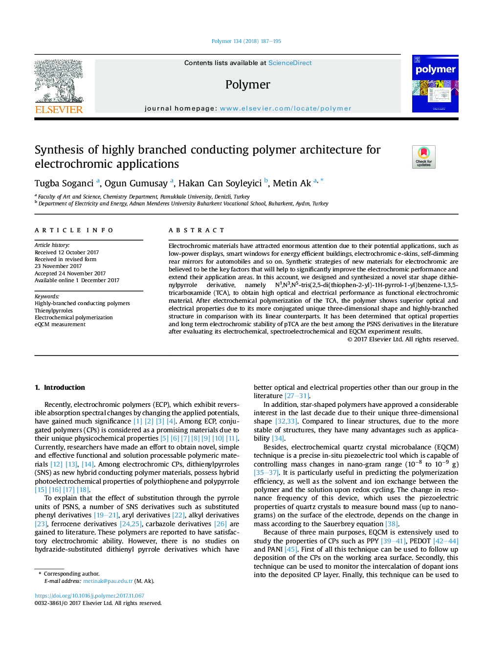 Synthesis of highly branched conducting polymer architecture for electrochromic applications