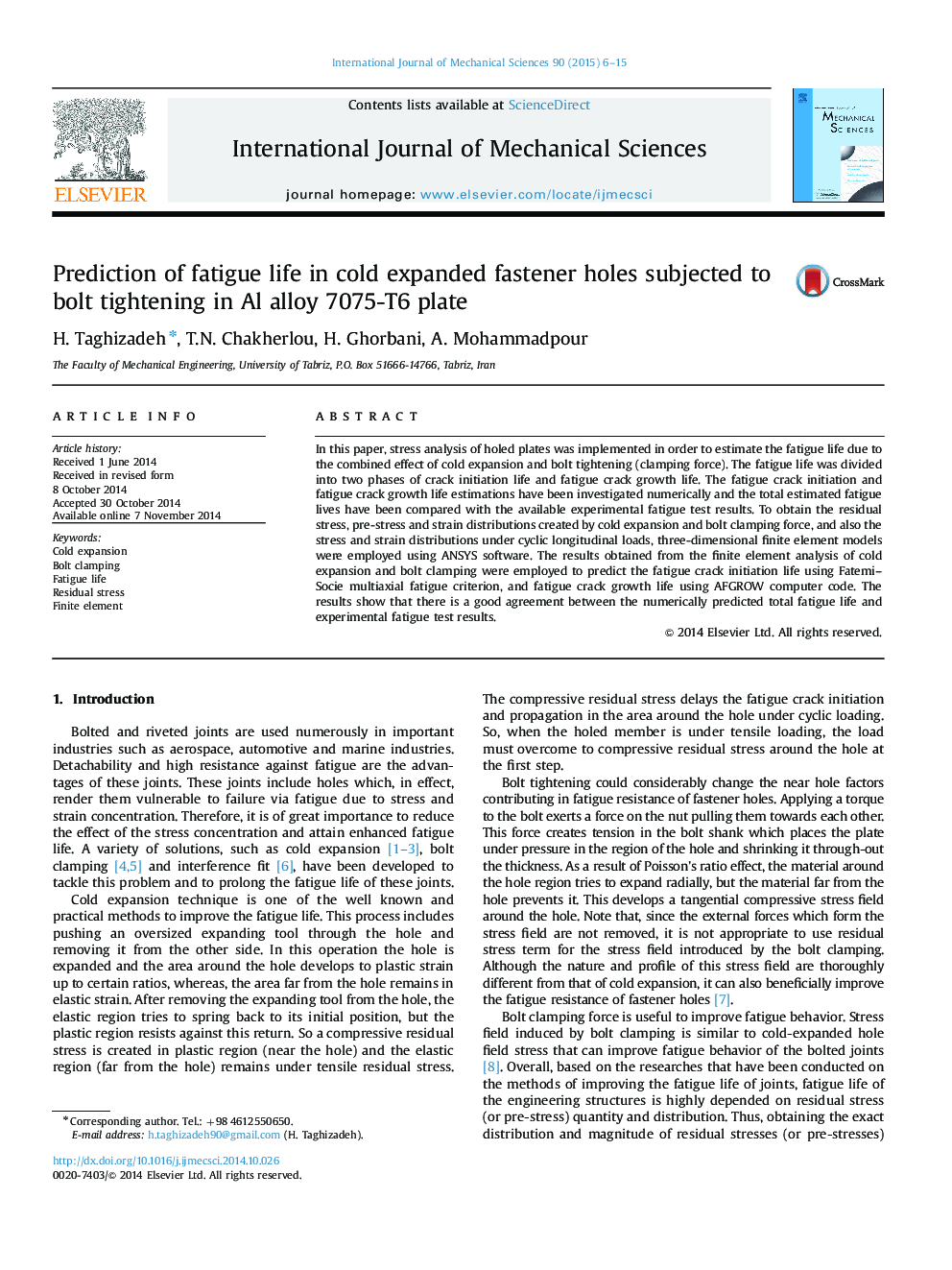 Prediction of fatigue life in cold expanded fastener holes subjected to bolt tightening in Al alloy 7075-T6 plate