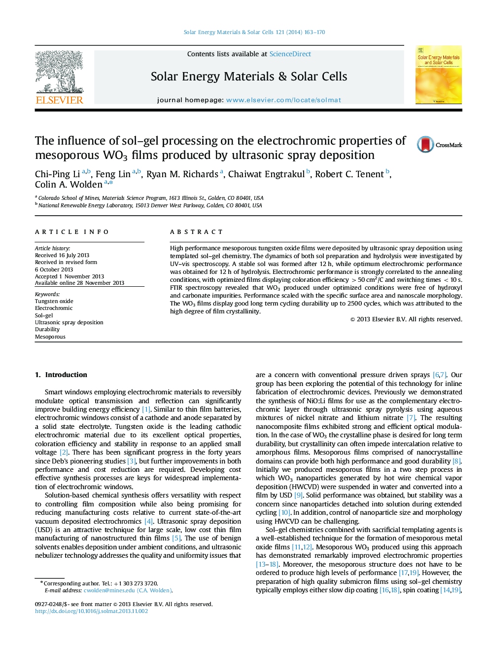 The influence of sol–gel processing on the electrochromic properties of mesoporous WO3 films produced by ultrasonic spray deposition