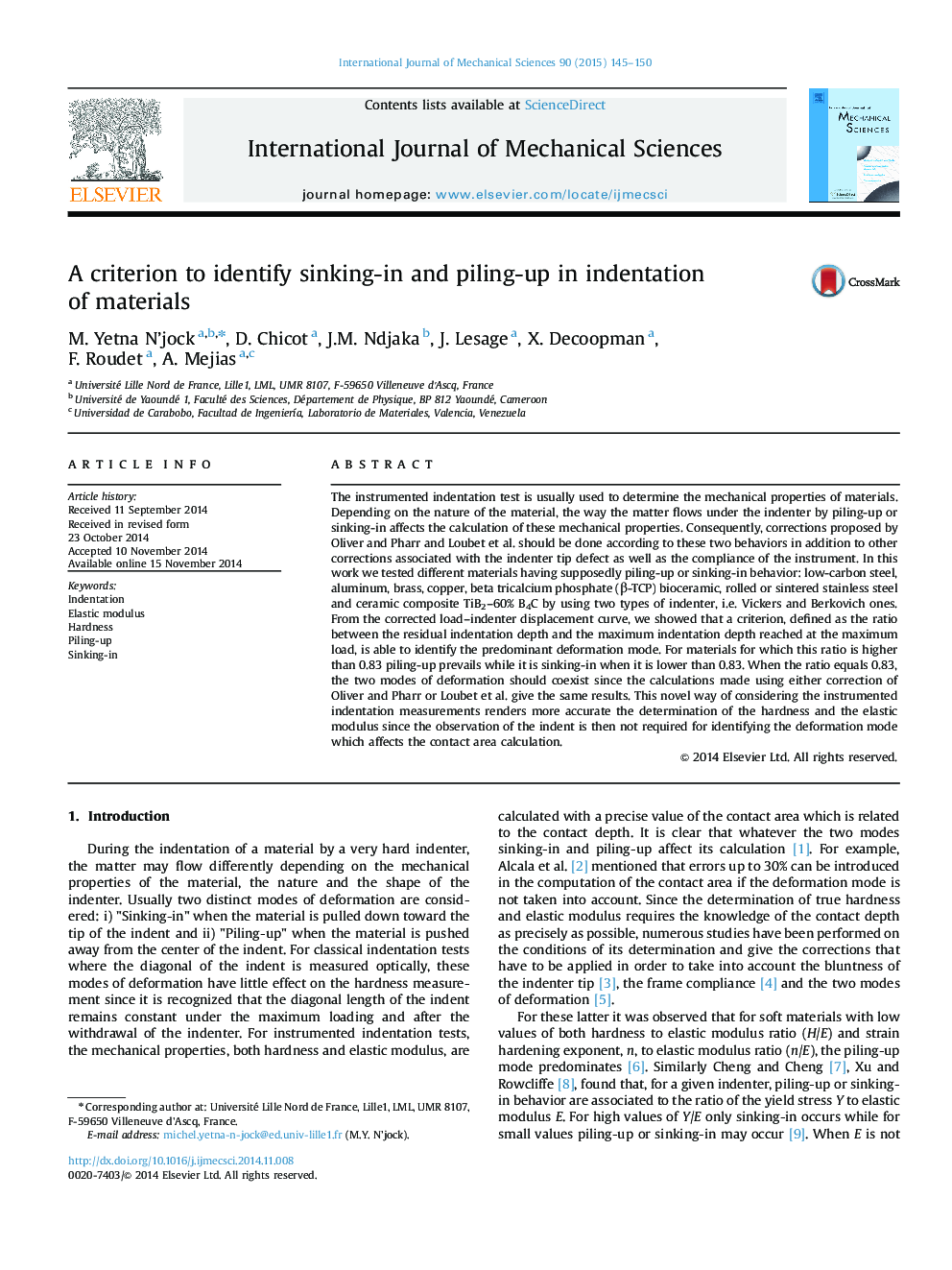 A criterion to identify sinking-in and piling-up in indentation of materials