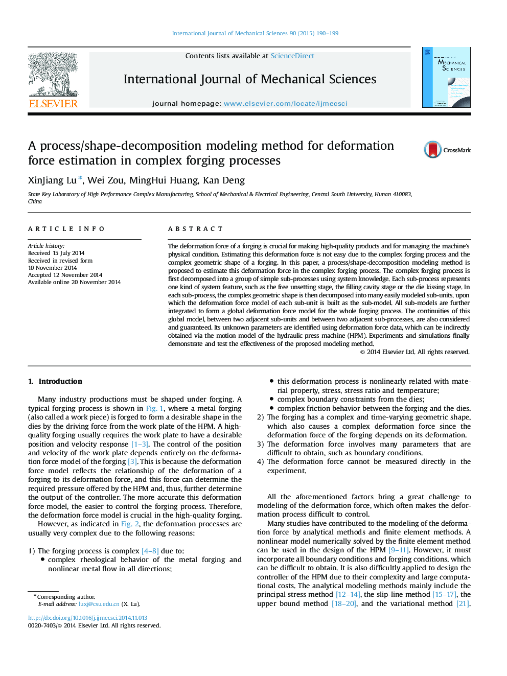 A process/shape-decomposition modeling method for deformation force estimation in complex forging processes