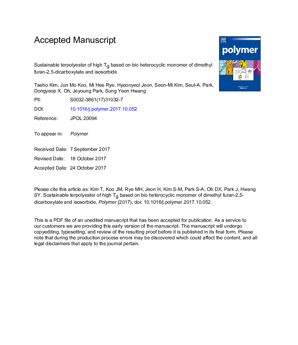 Sustainable terpolyester of high Tg based on bio heterocyclic monomer of dimethyl furan-2,5-dicarboxylate and isosorbide