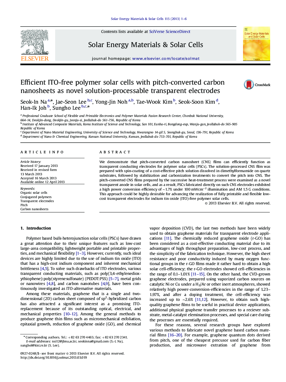 Efficient ITO-free polymer solar cells with pitch-converted carbon nanosheets as novel solution-processable transparent electrodes