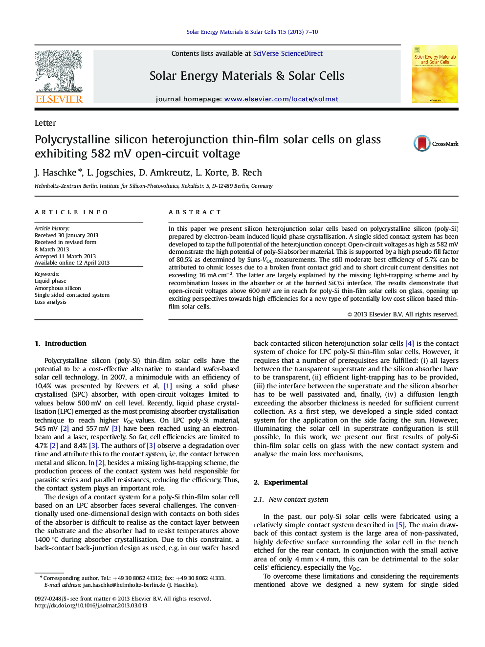 Polycrystalline silicon heterojunction thin-film solar cells on glass exhibiting 582 mV open-circuit voltage