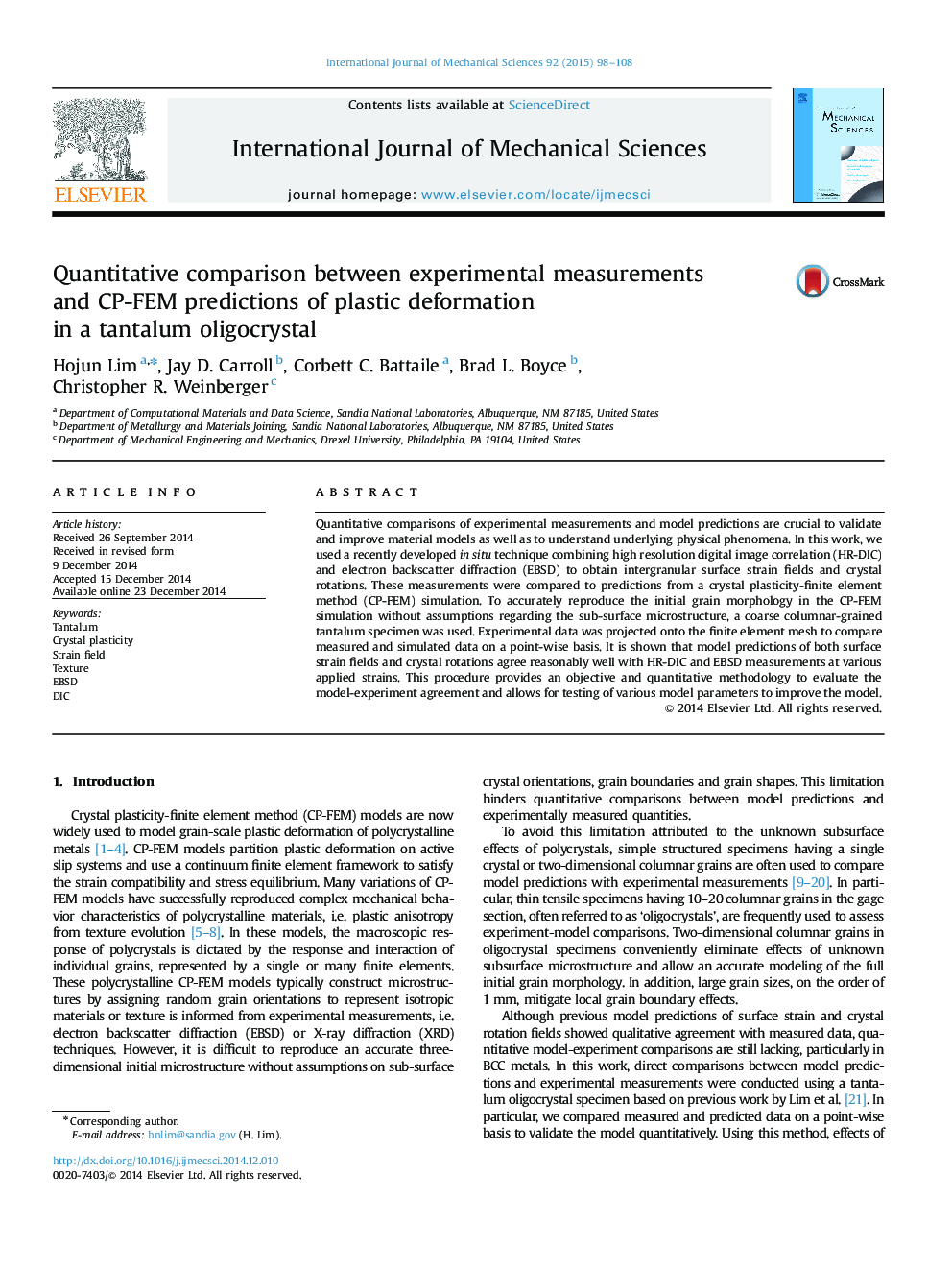 Quantitative comparison between experimental measurements and CP-FEM predictions of plastic deformation in a tantalum oligocrystal