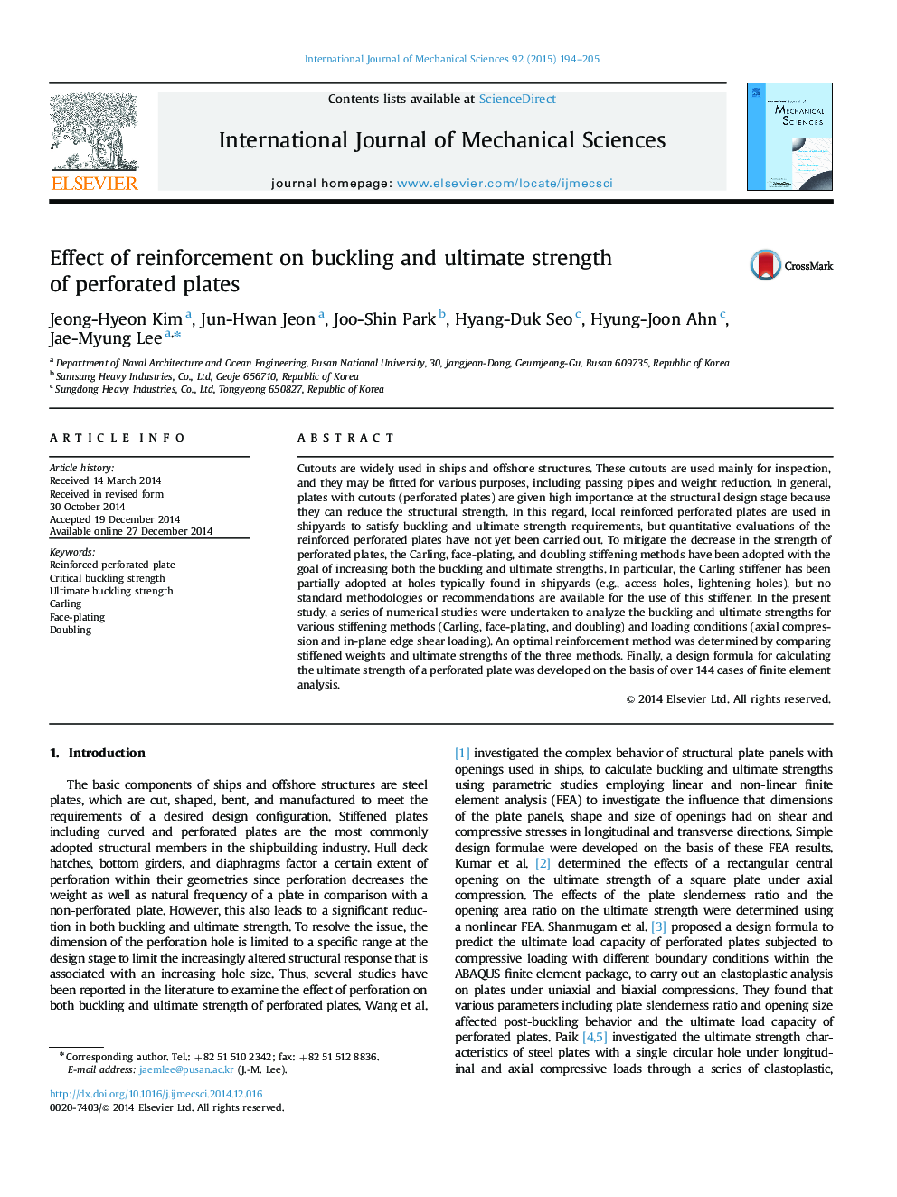 Effect of reinforcement on buckling and ultimate strength of perforated plates