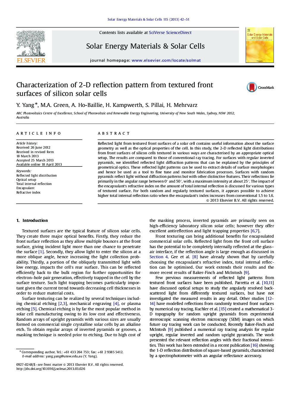 عکس صفحه اول مقاله: Characterization of 2-D reflection pattern from textured front surfaces of silicon solar cells Characterization of 2-D reflection pattern from textured front surfaces of silicon solar cells
