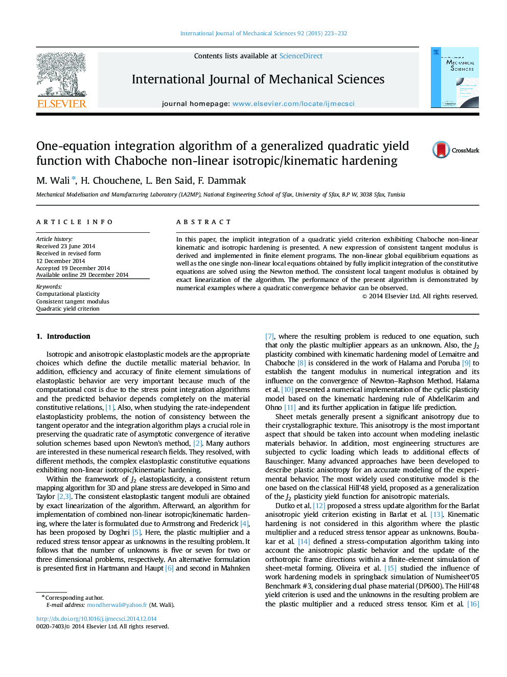 One-equation integration algorithm of a generalized quadratic yield function with Chaboche non-linear isotropic/kinematic hardening