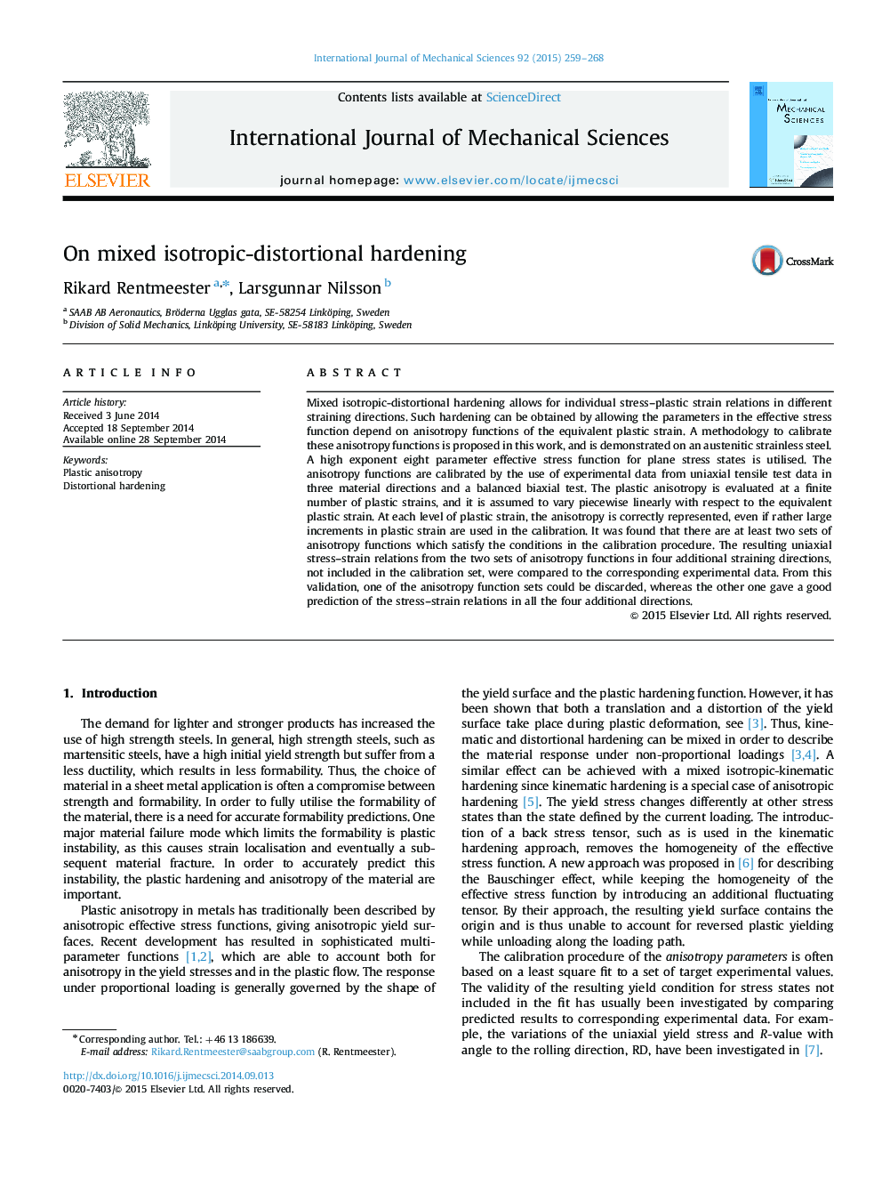 On mixed isotropic-distortional hardening