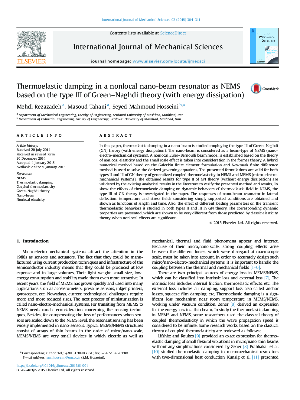 Thermoelastic damping in a nonlocal nano-beam resonator as NEMS based on the type III of Green–Naghdi theory (with energy dissipation)