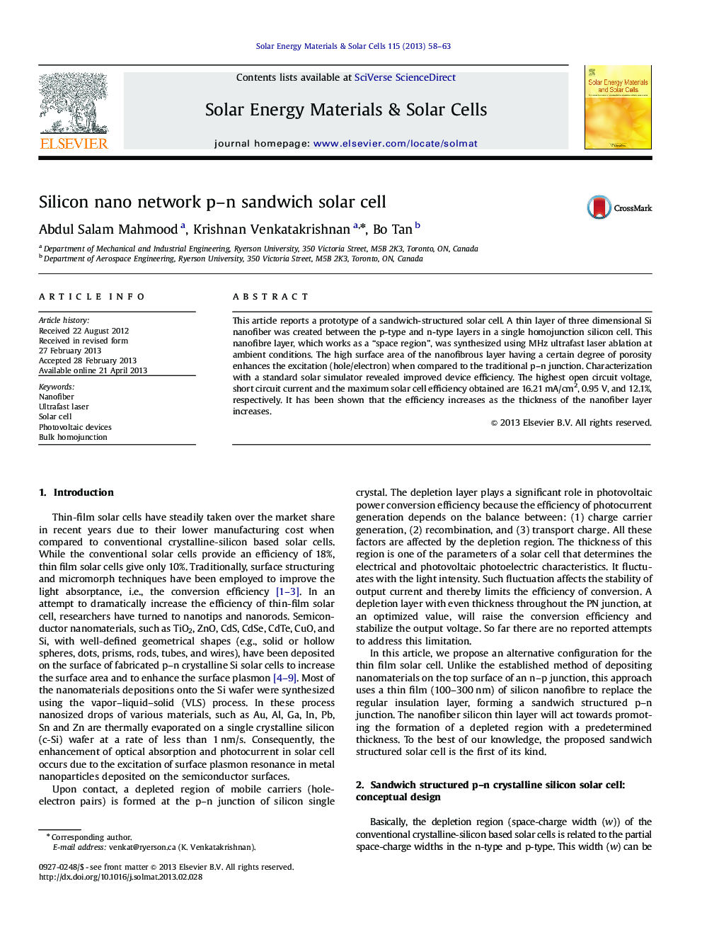 Silicon nano network p–n sandwich solar cell